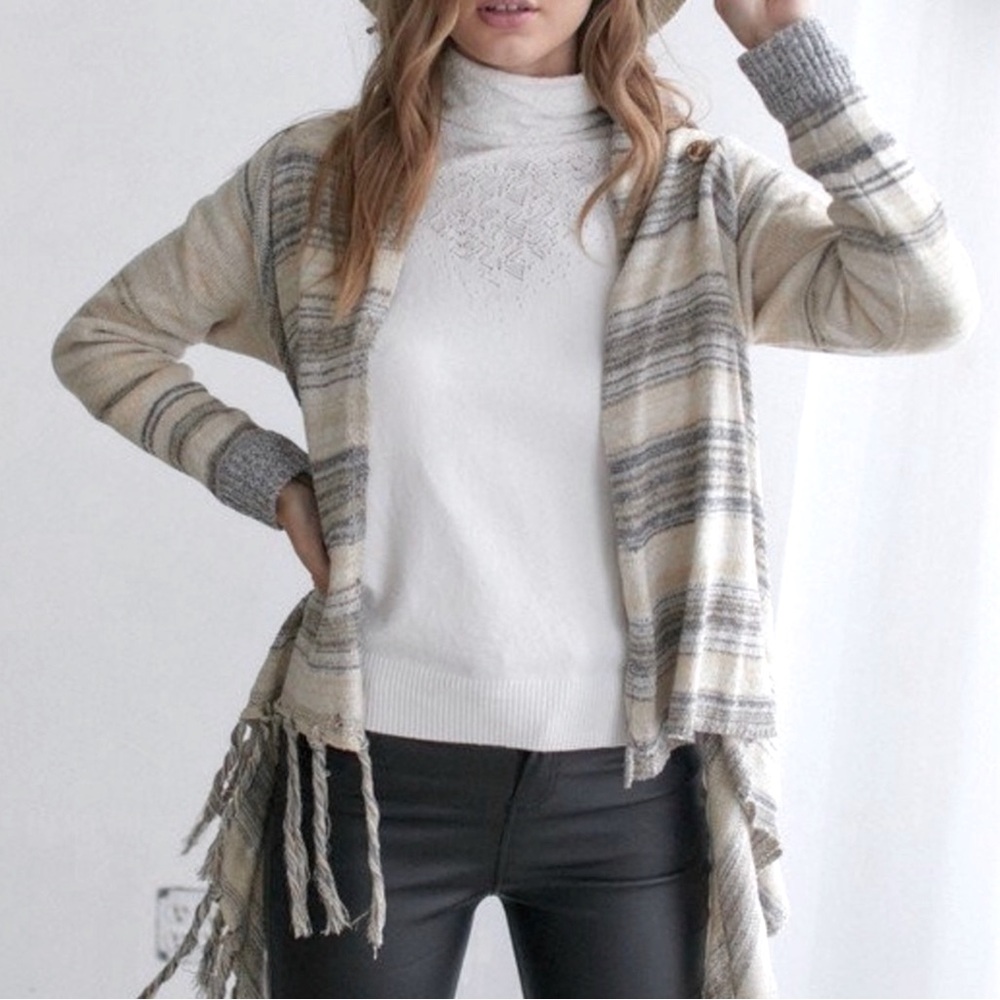 J.Nna Knit Stripe Lagenlook Drape Front Cardigan Fringe Sweater Womens Sizes NWT
